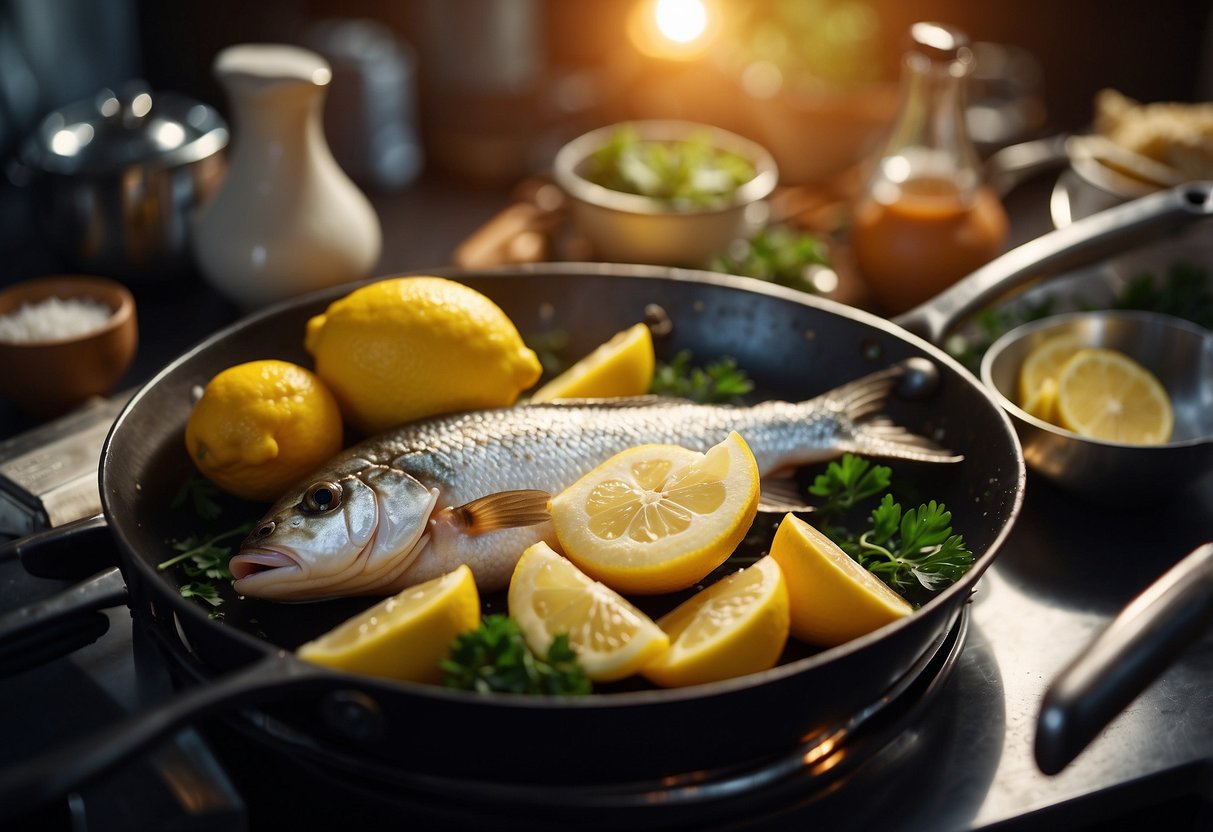 A lemon fish being cooked with ingredients and utensils laid out on a kitchen counter