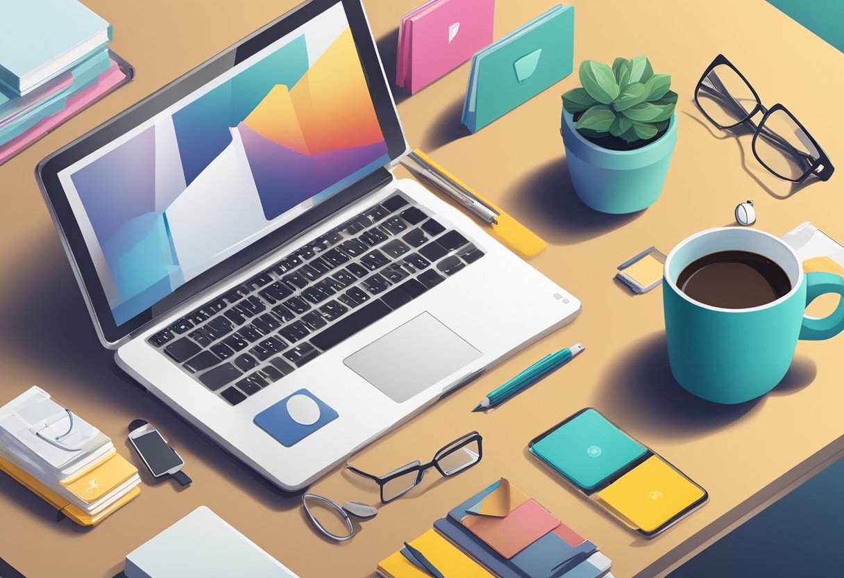 A table with various corporate gifts under $100, such as branded mugs, notebooks, and tech accessories. A sign reads "Frequently Asked Questions: Best Corporate Gifts Under $100."
