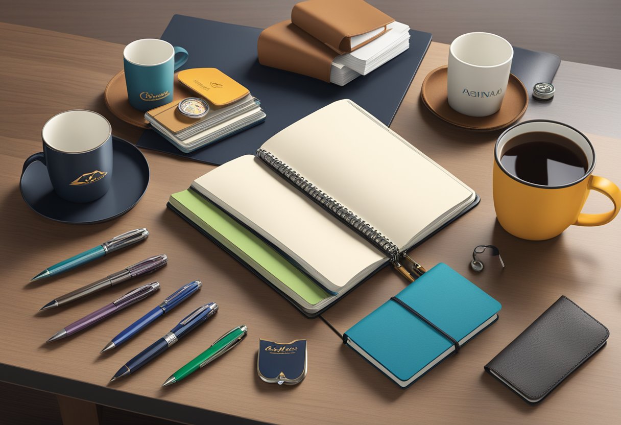 A table adorned with branded pens, leather notebooks, and personalized mugs. A company logo prominently displayed on each item