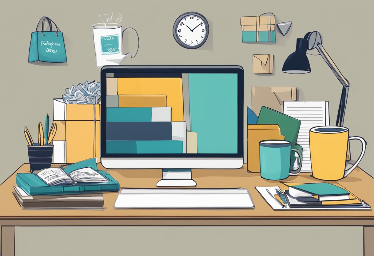 A desk cluttered with gift options, including mugs, ties, and personalized photo frames, with a sign reading "Frequently Asked Questions: Corporate Father's Day Gifts."