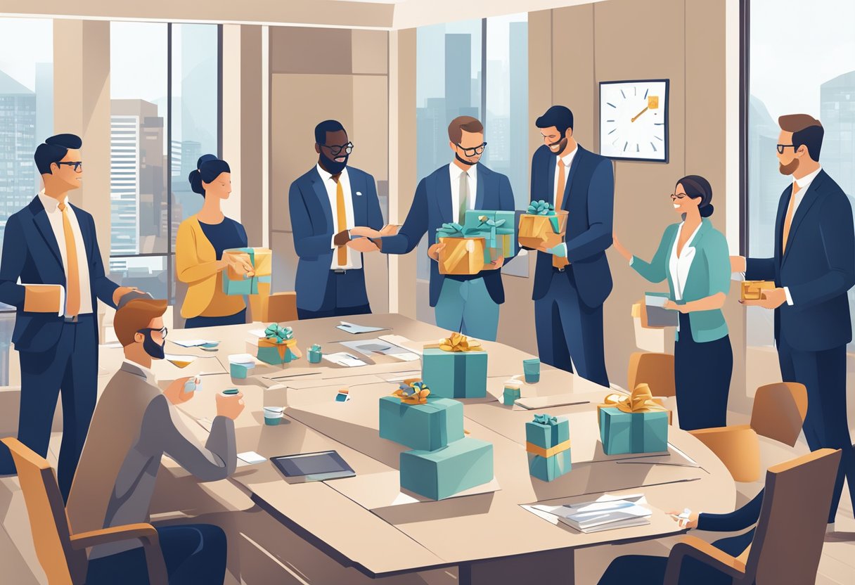 A group of business professionals exchanging branded gifts in a boardroom, showcasing the strategic advantages and benefits of corporate gifting