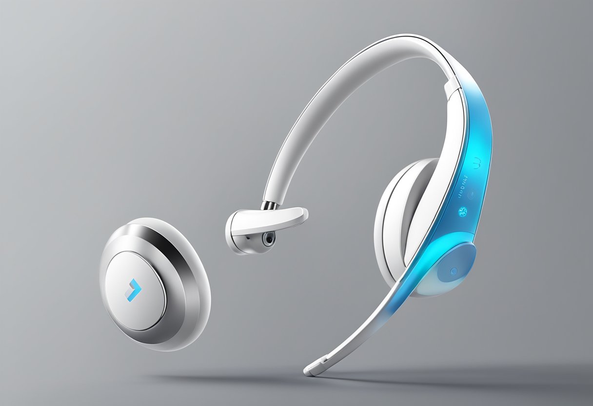 A sleek, modern Bluetooth headset displayed on a clean, white surface with the company logo subtly embossed on the side