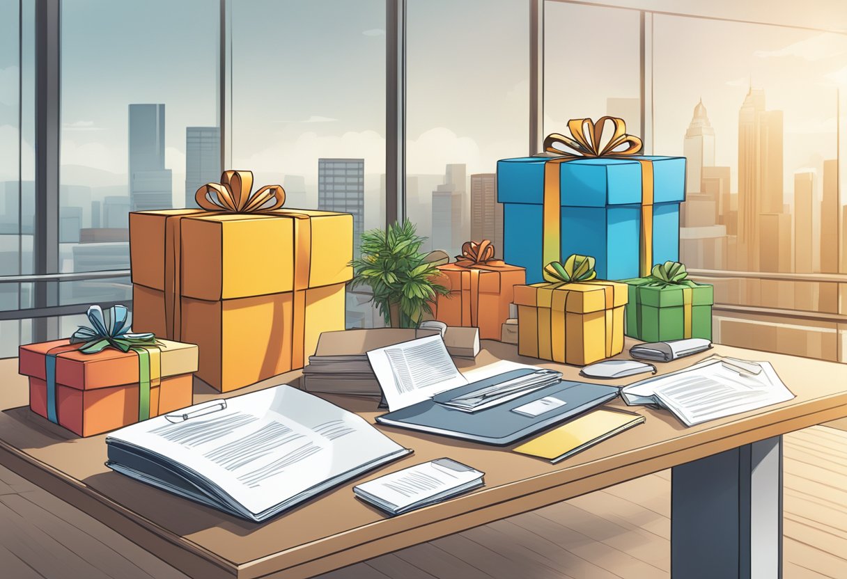 A group of diverse corporate gifts displayed on a sleek, modern table with a sign reading "Frequently Asked Questions benefits of corporate gifts" in a professional office setting