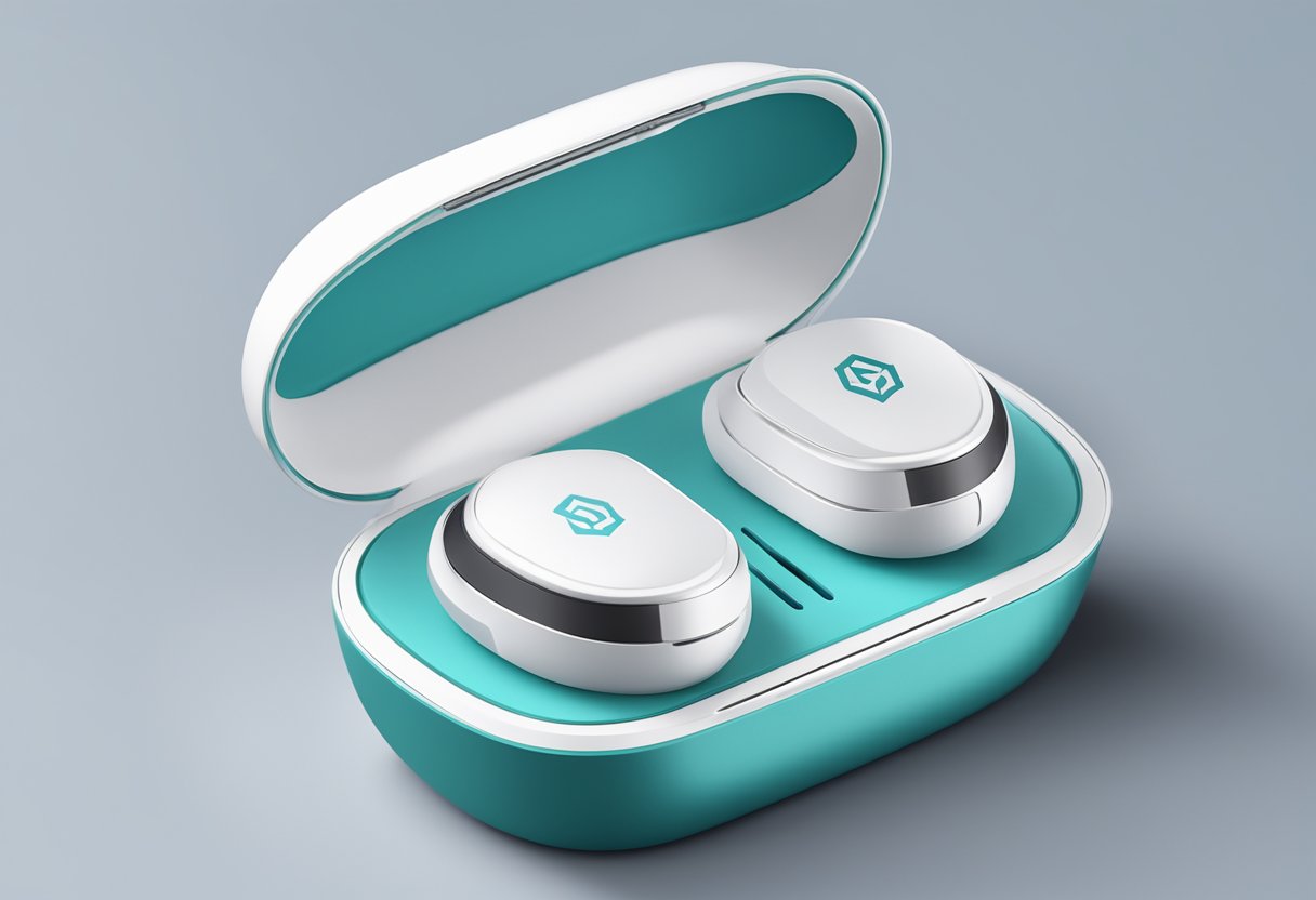 A sleek, modern Bluetooth headset with a company logo prominently displayed on the side, packaged in a stylish gift box with the company's branding and colors