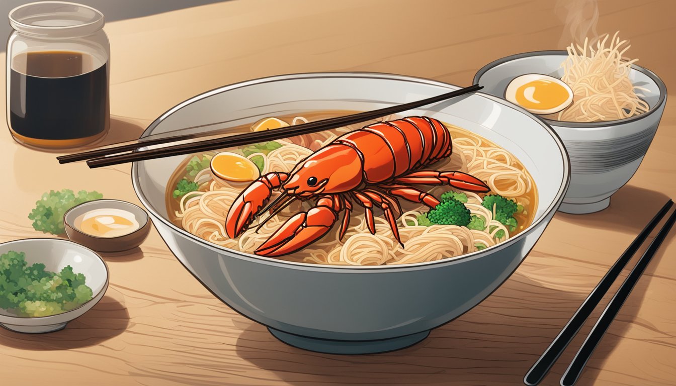 A steaming bowl of lobster ramen sits on a wooden table, surrounded by chopsticks and a spoon. The rich broth glistens with oil, and tender pieces of lobster peek out from the noodles