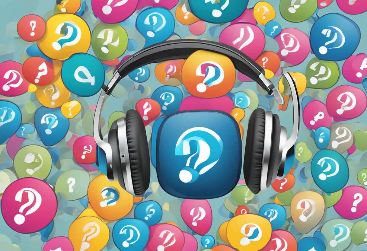 A branded Bluetooth headset surrounded by question marks, with a corporate logo in the background