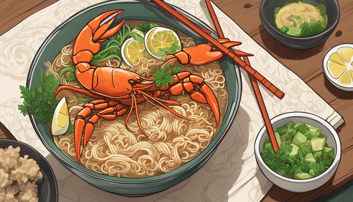 A steaming bowl of lobster ramen sits on a wooden table, surrounded by chopsticks, a spoon, and a napkin. The rich broth and succulent lobster pieces are garnished with fresh green onions and a slice of lemon