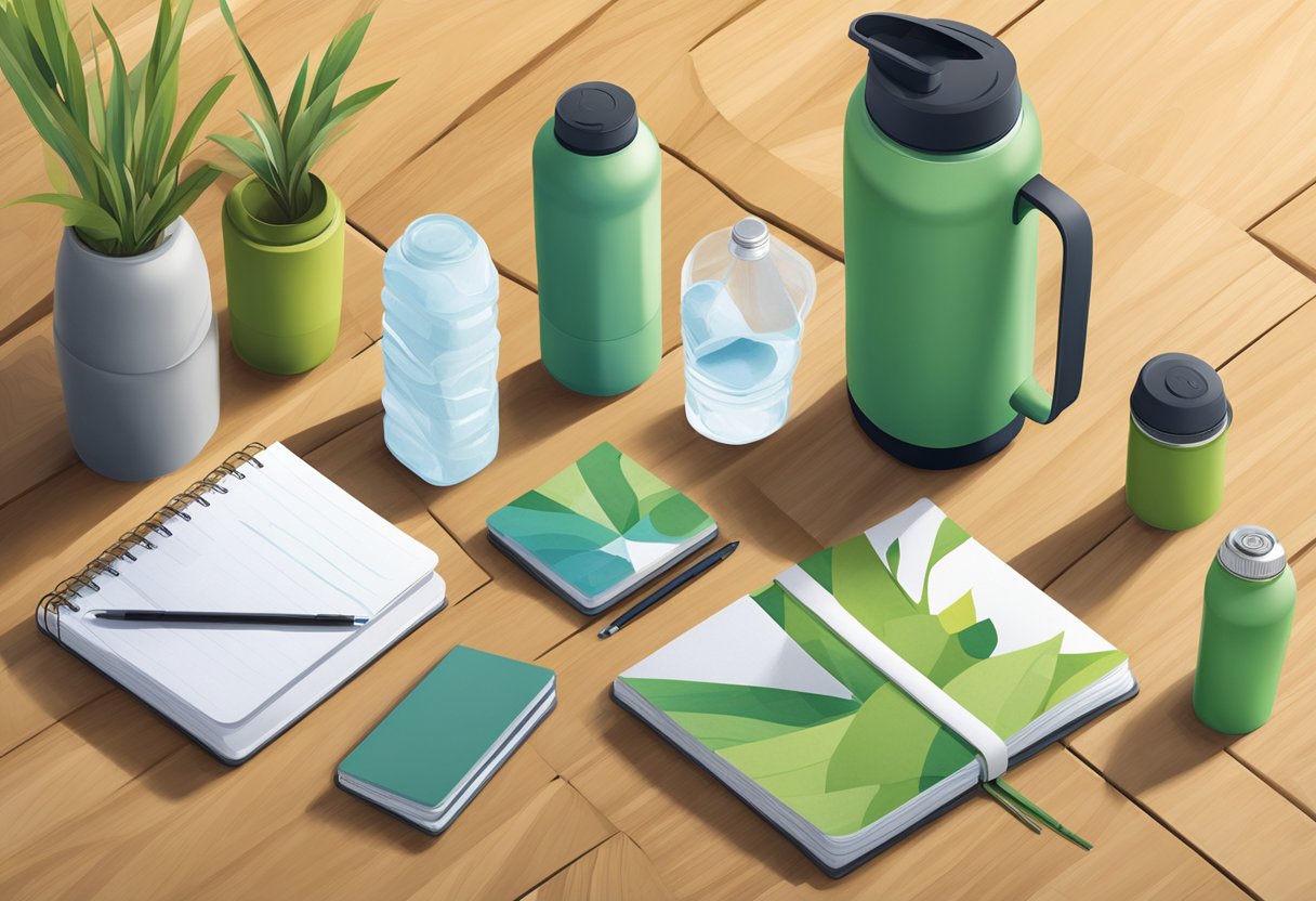 A group of eco-friendly corporate gifts arranged on a wooden table, including reusable water bottles, bamboo utensils, and recycled notebooks