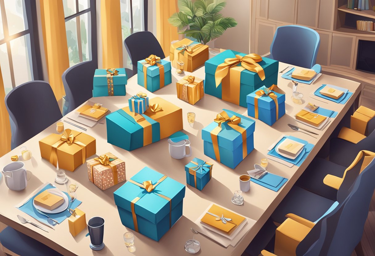 A table adorned with elegant gift boxes and branded items, surrounded by happy clients and a professional atmosphere