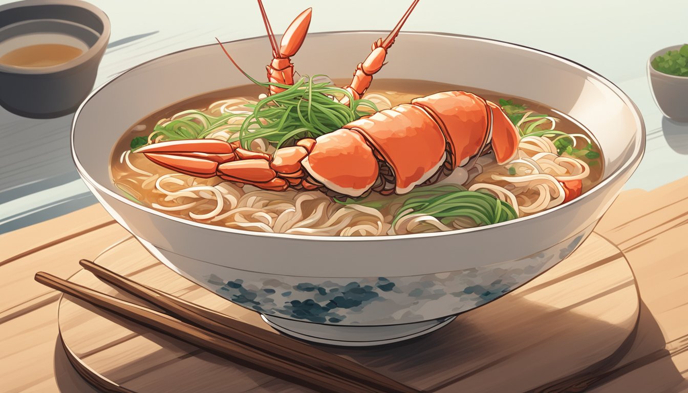 A steaming bowl of lobster ramen sits on a wooden table, surrounded by chopsticks and a spoon. The rich broth glistens in the light, with chunks of tender lobster meat and spring onions floating on top