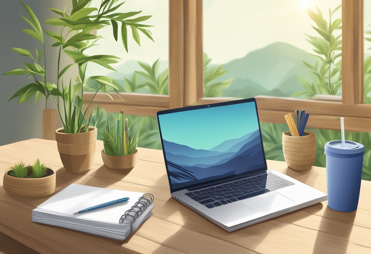 A table with eco-friendly corporate gifts: reusable water bottles, bamboo utensils, and recycled notebooks. Plants and natural light in the background