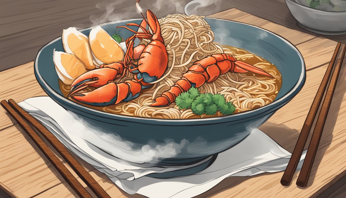 A steaming bowl of lobster ramen sits on a wooden table with chopsticks and a napkin nearby. A sign above reads "Frequently Asked Questions lobster ramen keisuke."