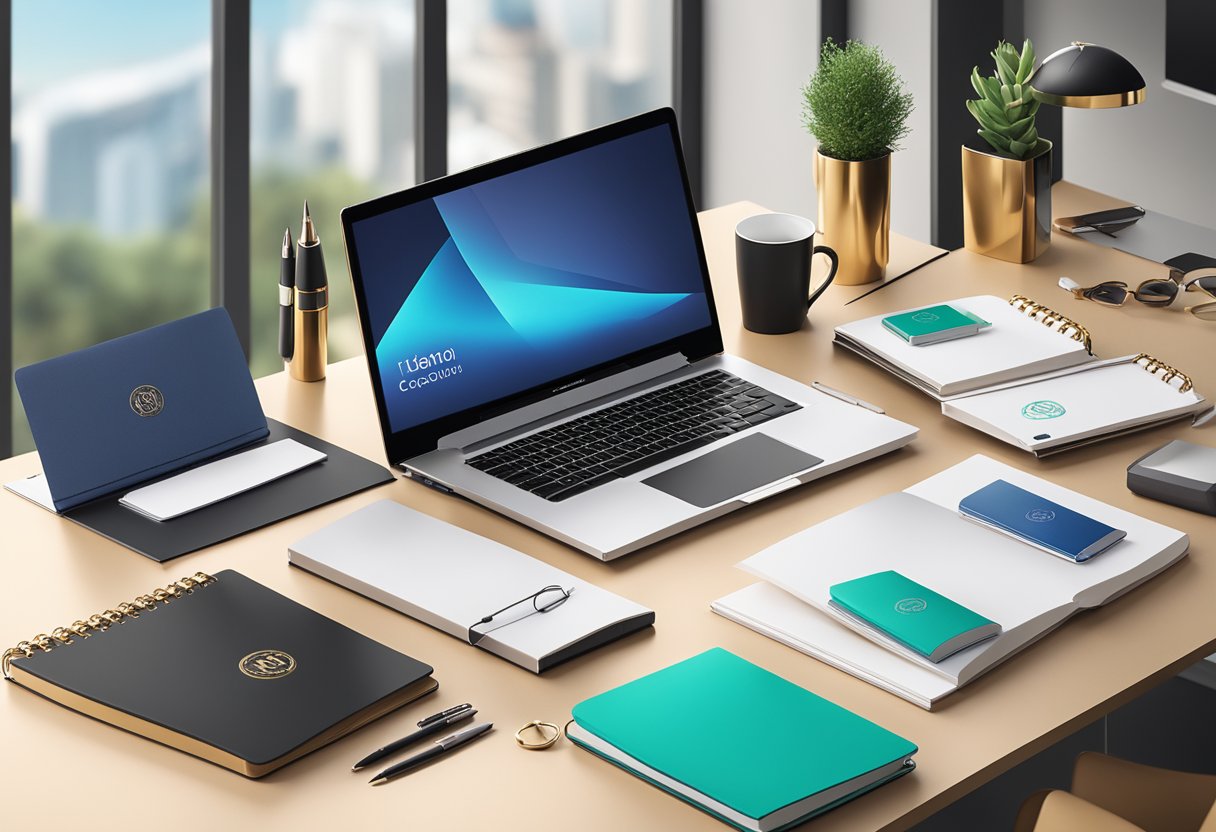 A table adorned with elegant corporate gifts, including branded pens, luxurious notebooks, and sleek tech gadgets, displayed in a professional setting