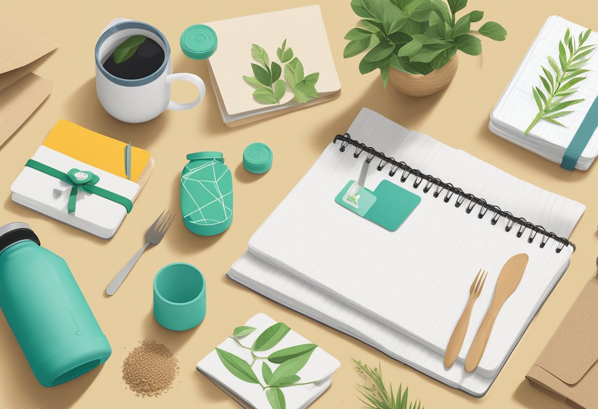 A table with eco-friendly corporate gifts: reusable water bottles, bamboo utensil sets, recycled notebooks, and plantable seed paper cards