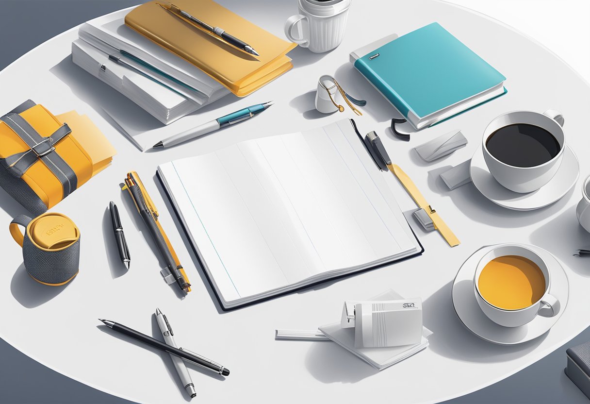 A table adorned with branded corporate gifts, including pens, mugs, and notebooks, arranged neatly on a white tablecloth