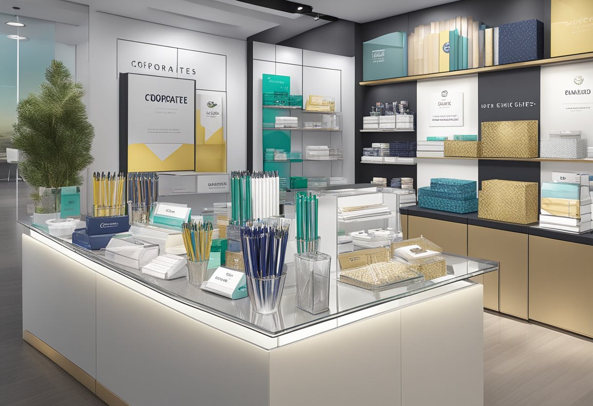 A table displaying branded pens, notebooks, and luxury gift baskets. A banner reads "Corporate Gifts" above the display