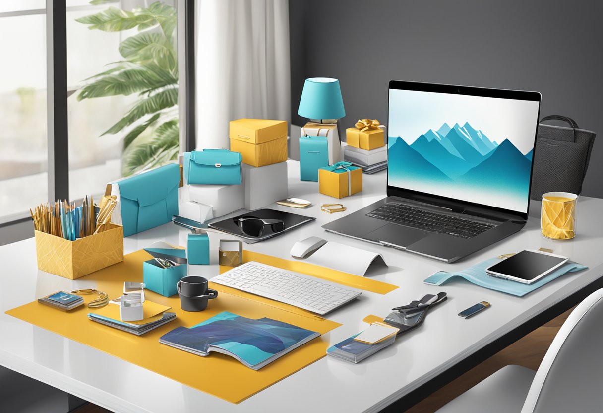 A table with various high-quality corporate gifts displayed, including branded items, luxury gift baskets, and personalized desk accessories