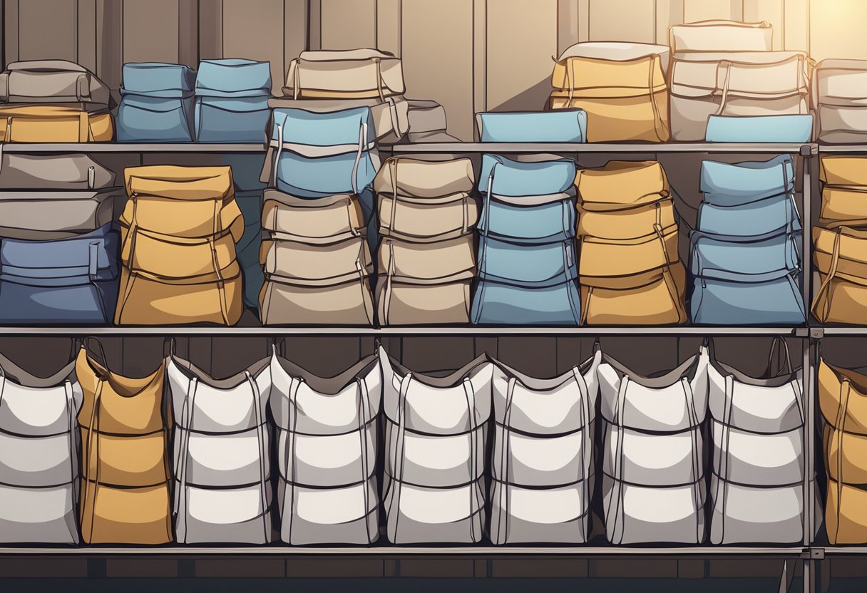 A pile of canvas tote bags stacked in bulk on a warehouse shelf