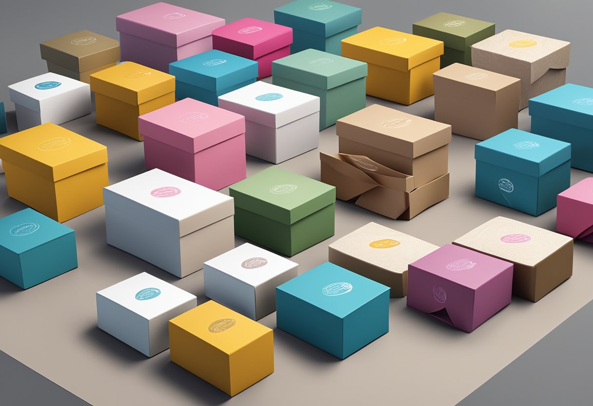 A group of branded corporate gift boxes arranged neatly on a table with a company logo prominently displayed