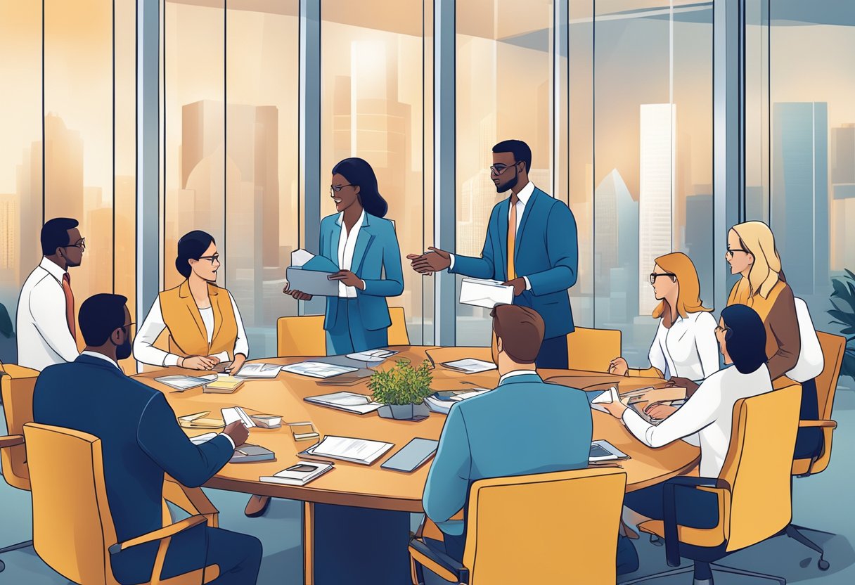 A group of professionals exchanging branded corporate gifts in a boardroom setting, showcasing the importance of corporate gifting in business relationships