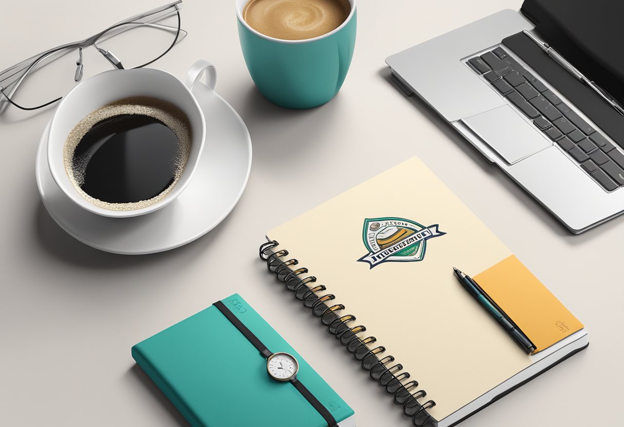 A table adorned with branded gifts, a logo-stamped pen, a sleek notebook, and a stylish mug, all arranged with precision and elegance