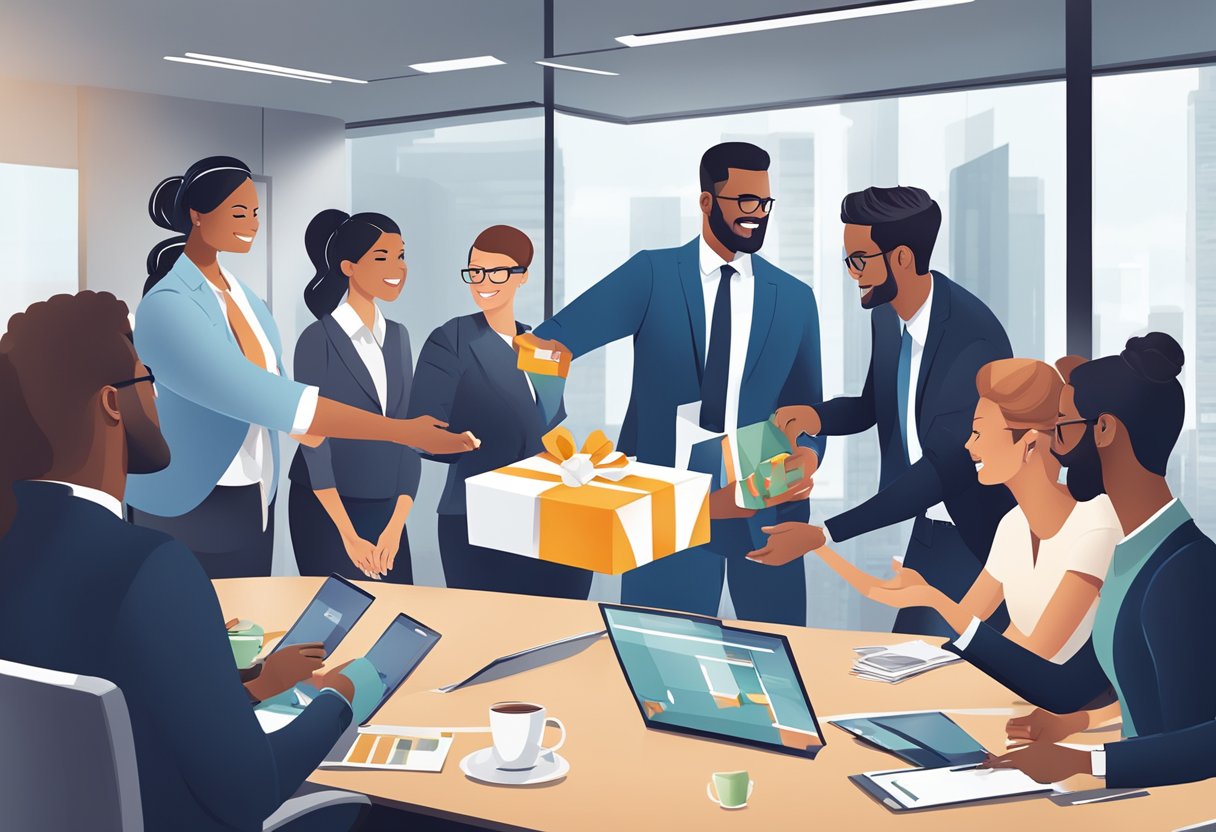 A group of business professionals exchange branded gifts in a boardroom, showcasing the strategic benefits of corporate gifting in a B2B setting