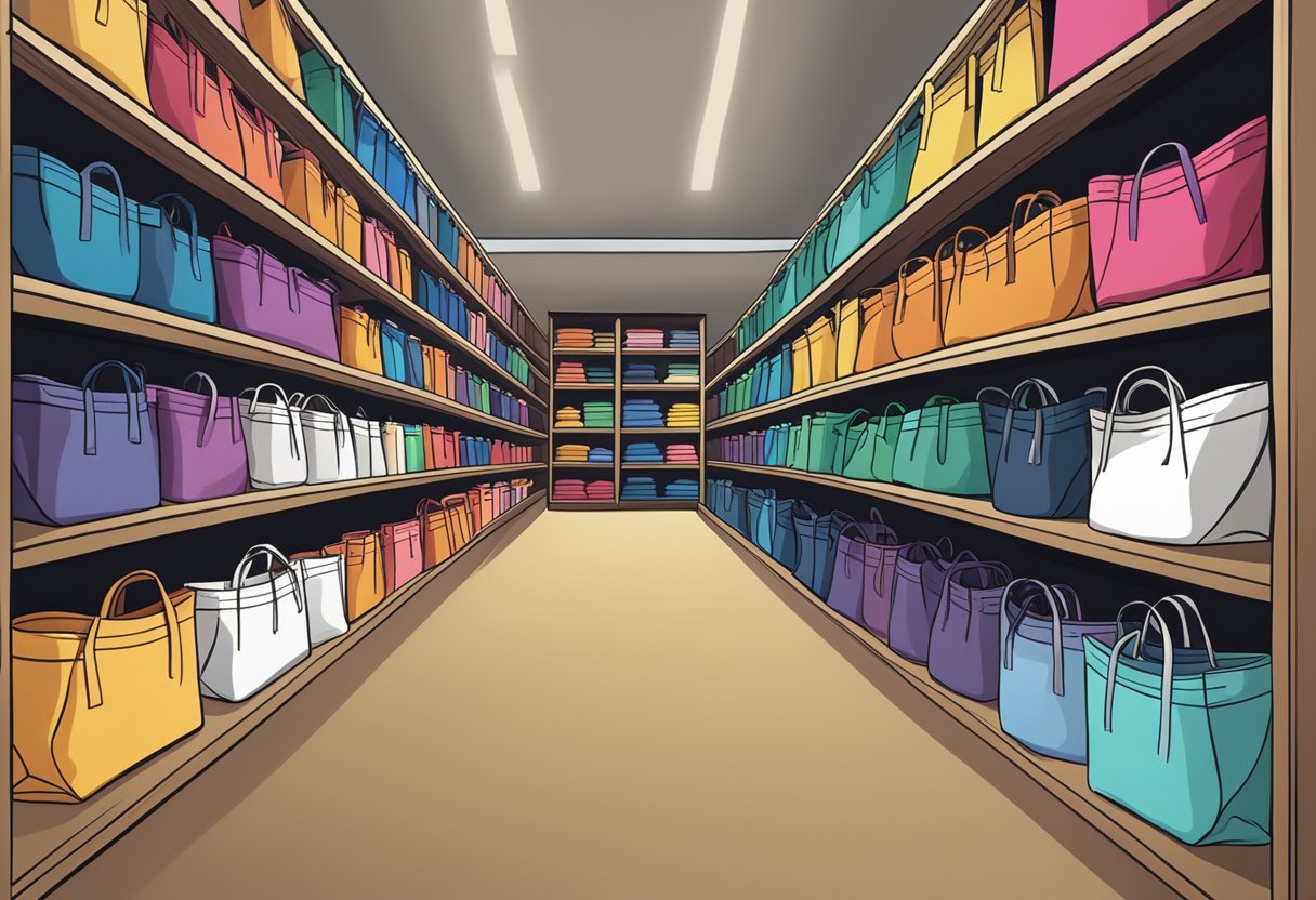 A stack of canvas tote bags in bulk, neatly arranged on a shelf, with various colors and sizes displayed