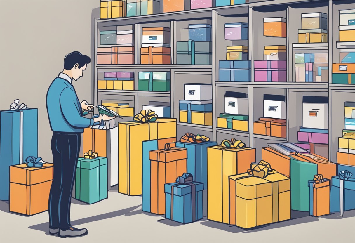 A person carefully choosing branded corporate gifts from a display of options