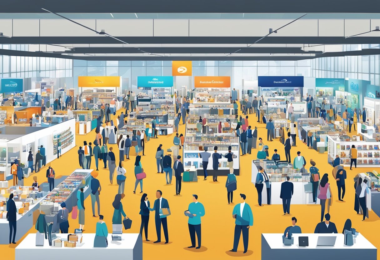 A bustling trade show floor with vendors showcasing a variety of corporate gifts, from branded merchandise to luxury items, attracting a diverse crowd of potential buyers
