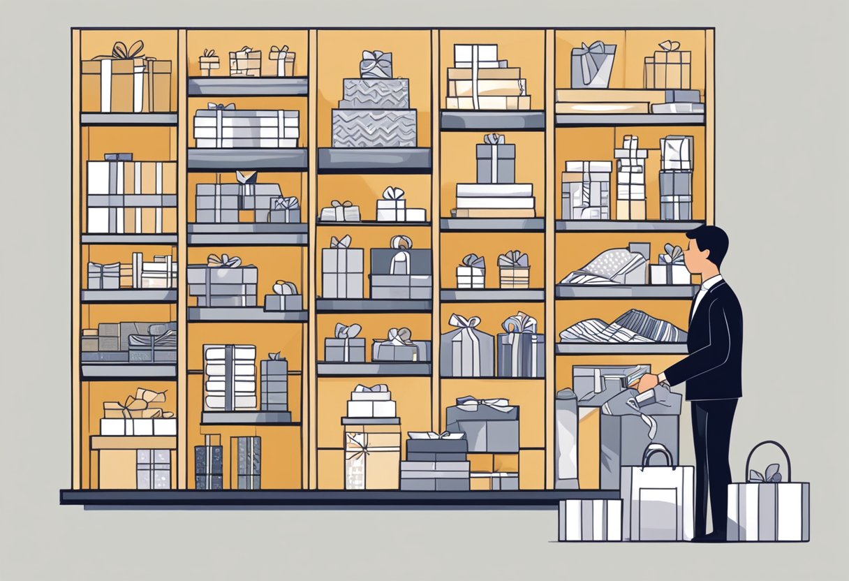 A person stands in front of a display of various corporate gifts, carefully selecting the right items to purchase