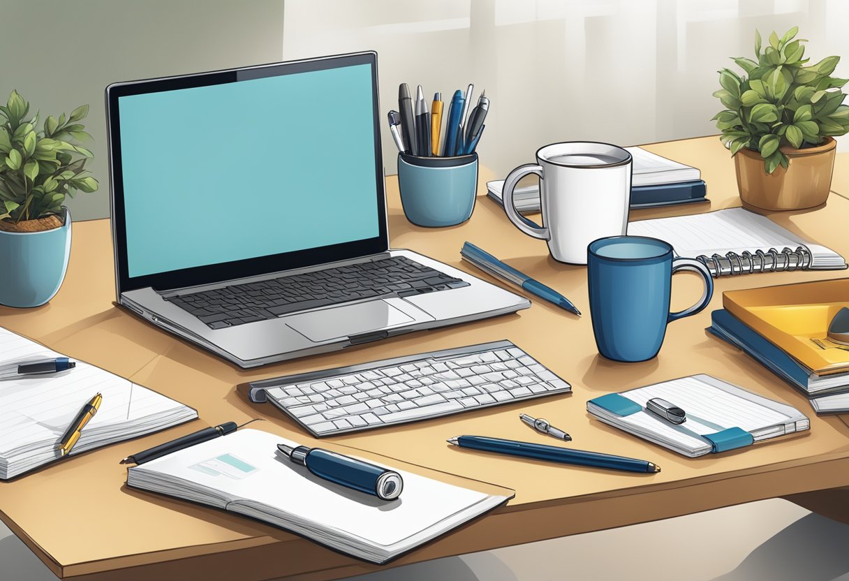 A table with various branded corporate gifts, including mugs, pens, and notebooks, displayed in an organized and professional manner