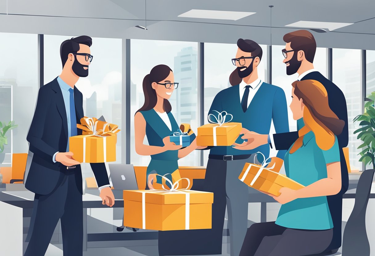 A group of professionals exchanging branded corporate gifts in a modern office setting