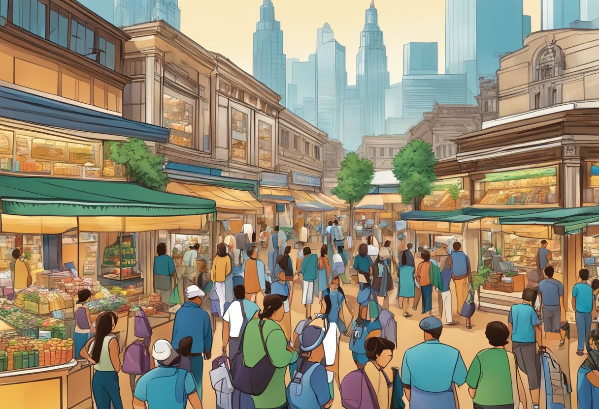 A bustling market with various corporate gifts on display, from branded merchandise to luxury items. Vendors and buyers engage in lively discussions, creating a vibrant atmosphere