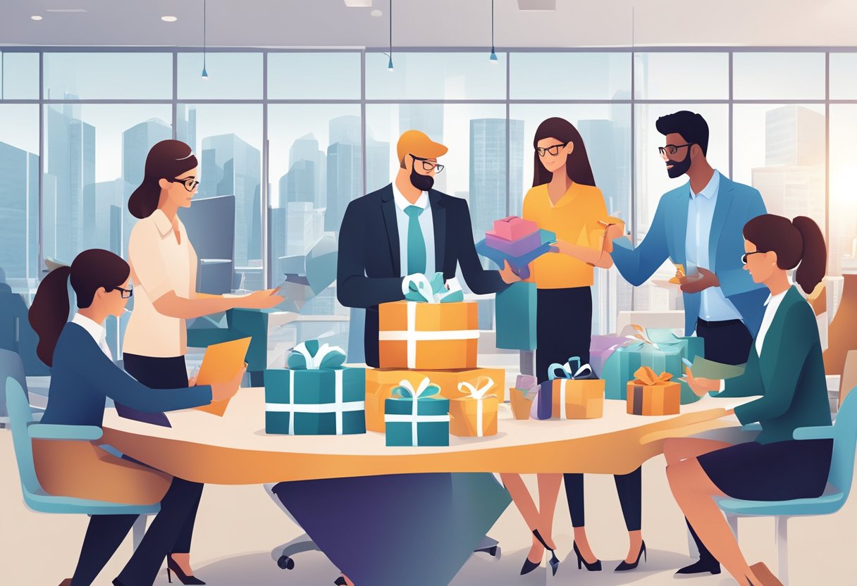 A group of professionals exchanging branded gifts and discussing corporate gifting policies in a modern office setting