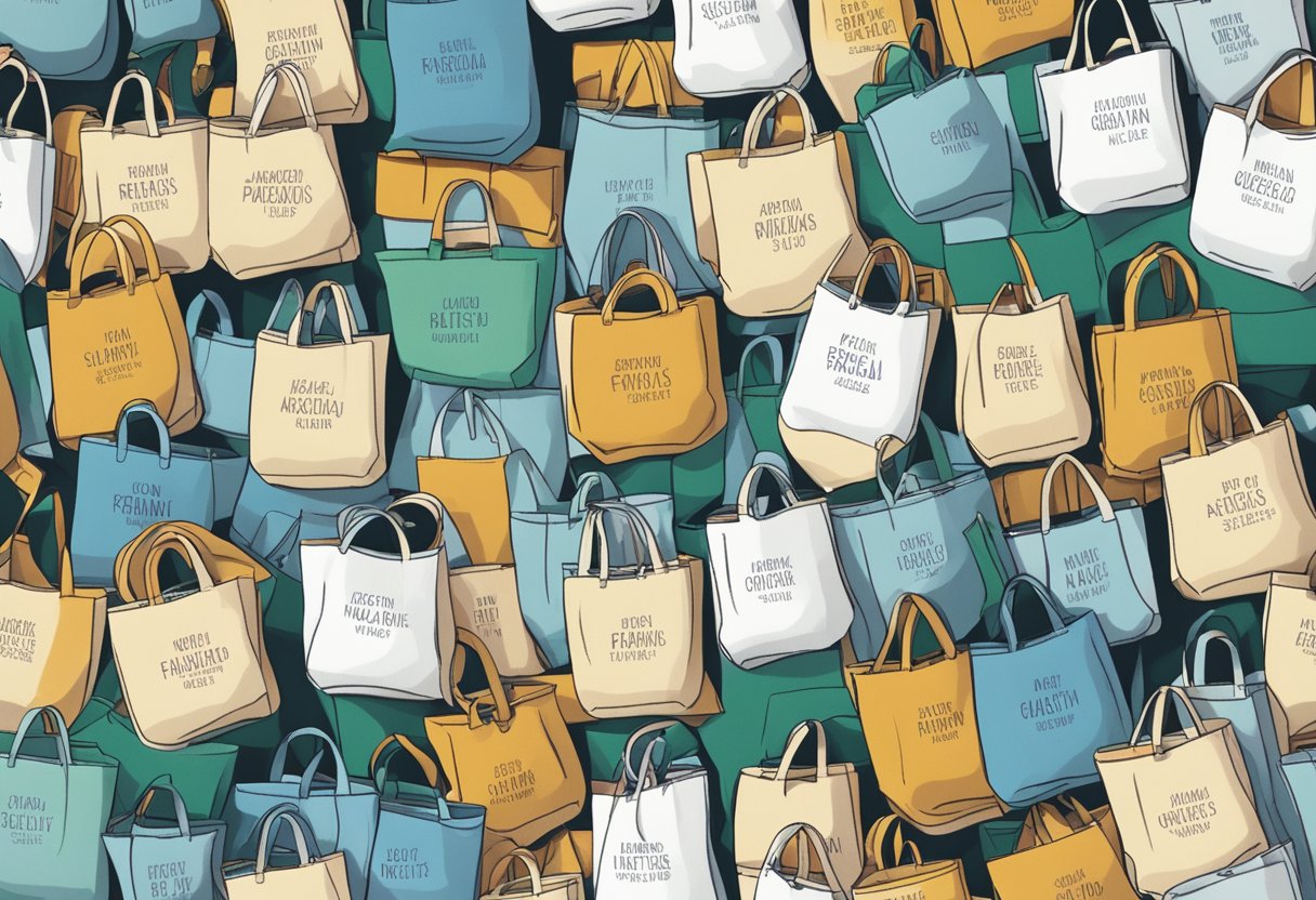 A stack of canvas tote bags with "Frequently Asked Questions" printed on them, arranged neatly in bulk