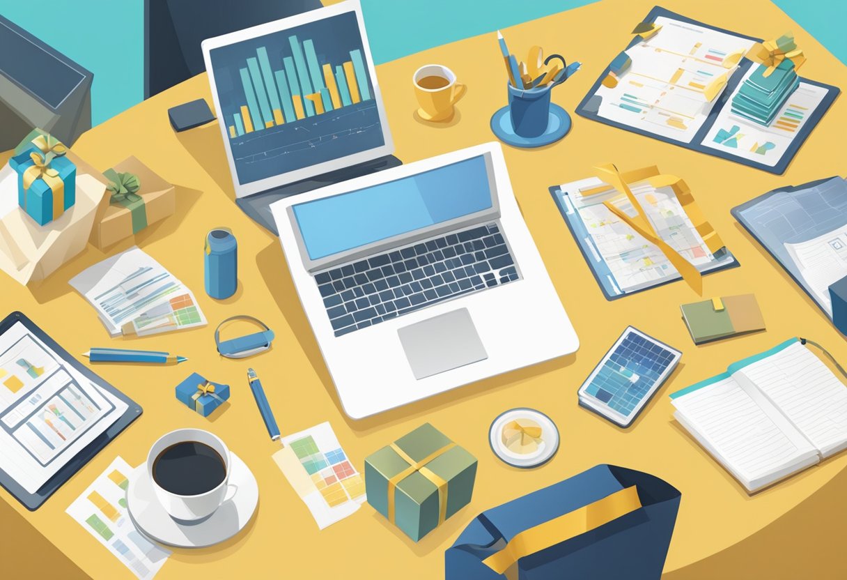 A table with various corporate gifts, surrounded by charts and data on corporate gift giving market size