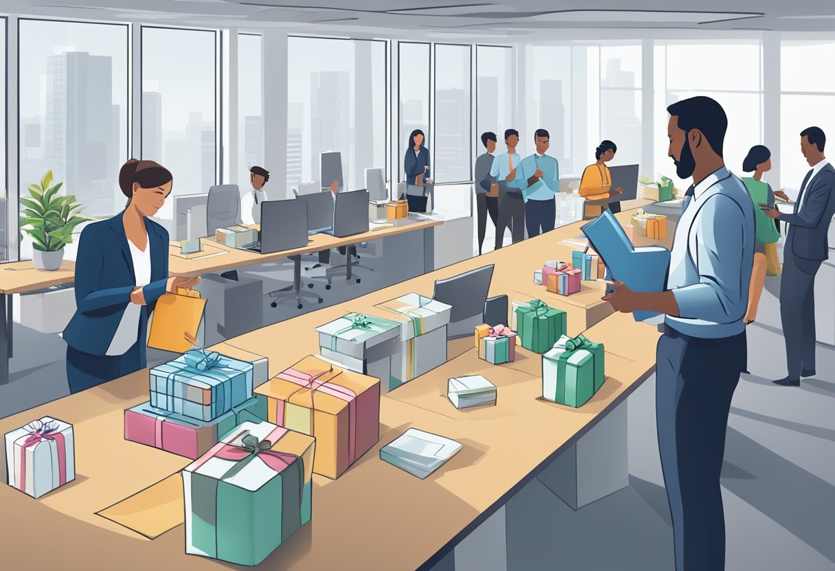 A bustling office with employees exchanging branded gifts, while a chart shows the growing market size for corporate gift giving