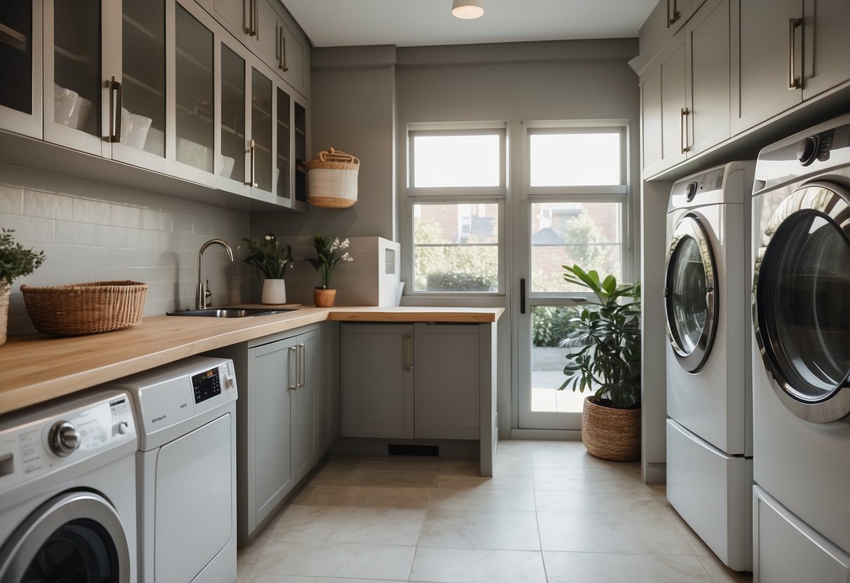 A laundry room with modern appliances, organized storage, and a bright, clean aesthetic. A folding station, hanging racks, and ample counter space complete the functional yet stylish space