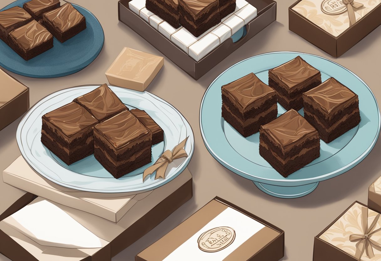 A table with a variety of brownie corporate gifts displayed on elegant trays, surrounded by branded packaging and a thank you note