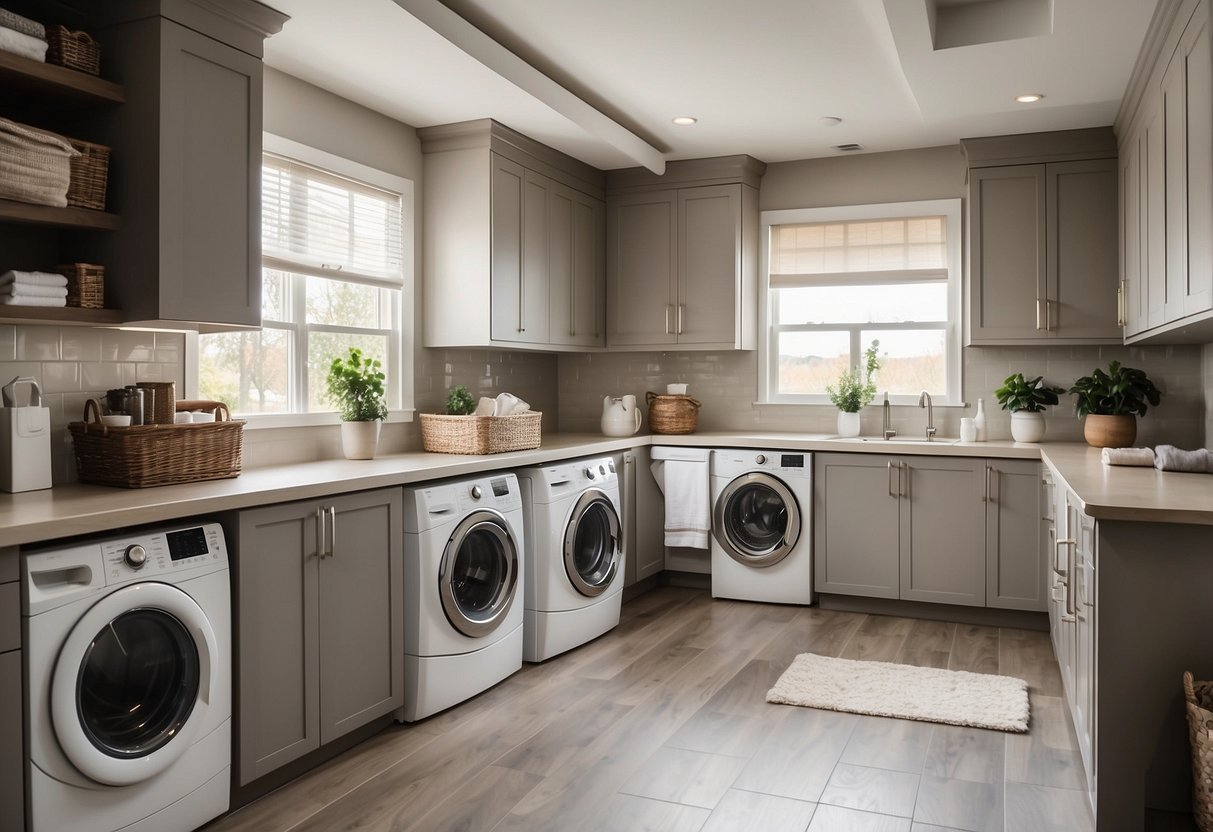 A spacious laundry room with modern appliances, ample storage, and a folding area. Bright lighting and neutral colors create a clean and inviting atmosphere