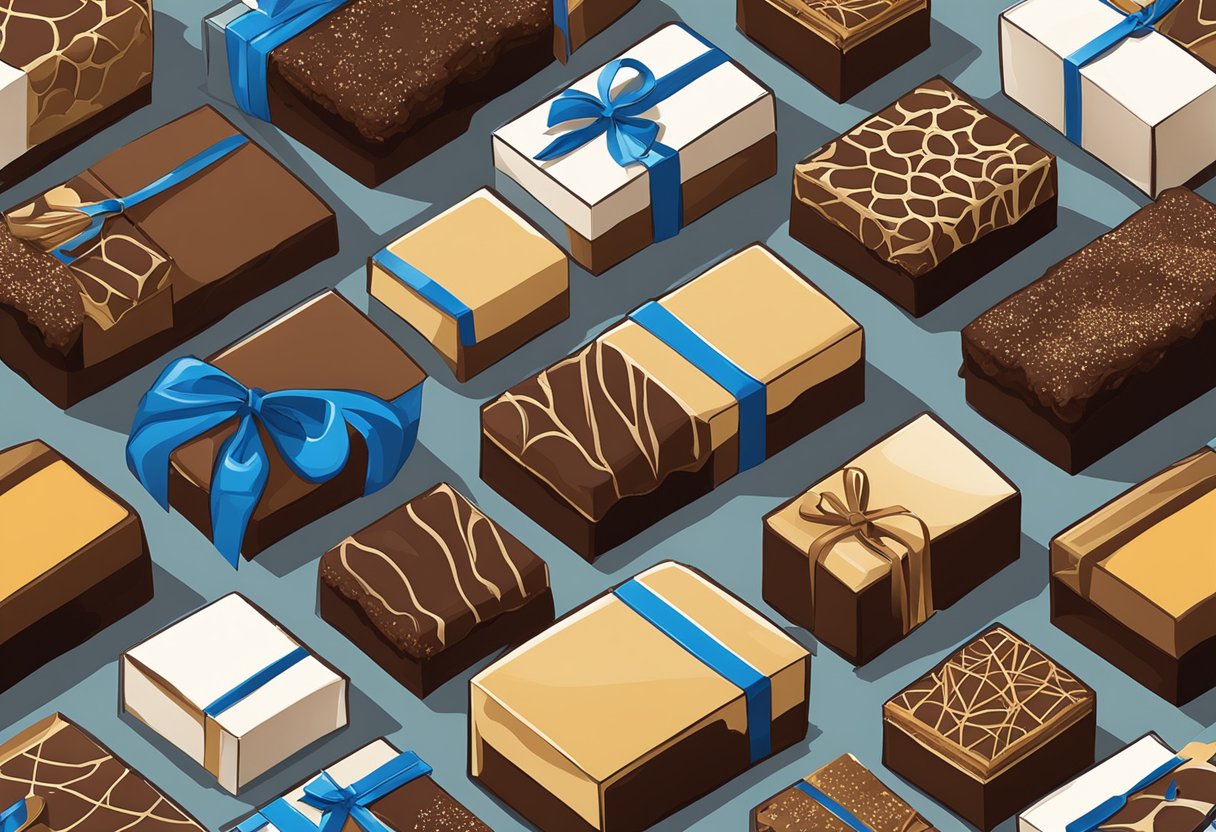 A table adorned with an assortment of decadent brownies, wrapped in elegant packaging, ready to be chosen as corporate gifts