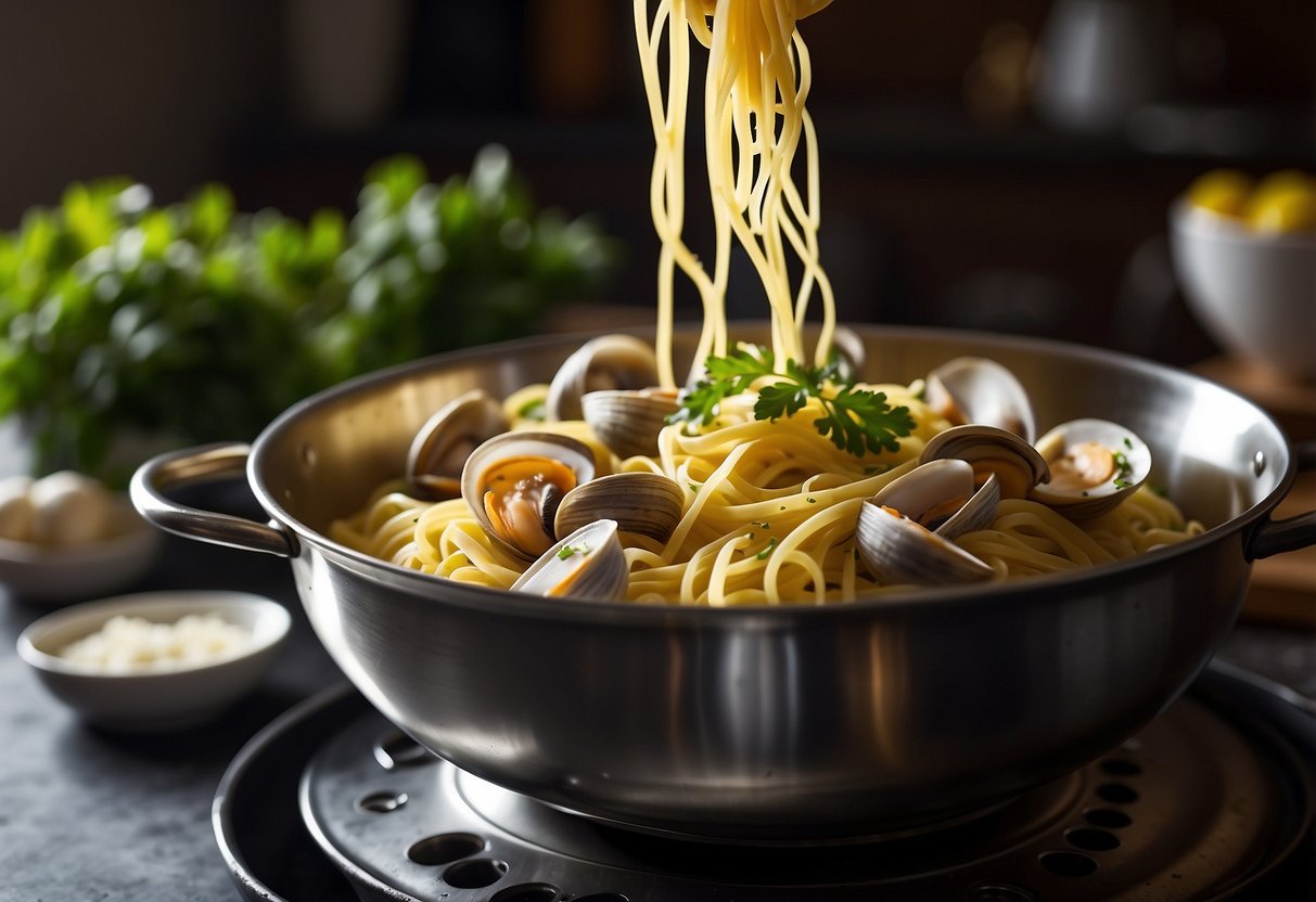 A pot of boiling linguine with frozen clams being poured into a colander, steam rising. Lemon wedges and parsley garnish nearby