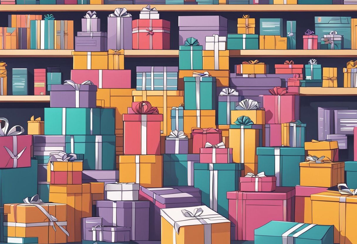 A stack of branded gift boxes fills a bustling office, surrounded by busy workers and shelves of products