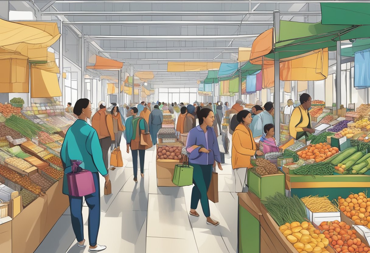 A bustling market scene with diverse gift products on display, showing the thriving corporate gift industry