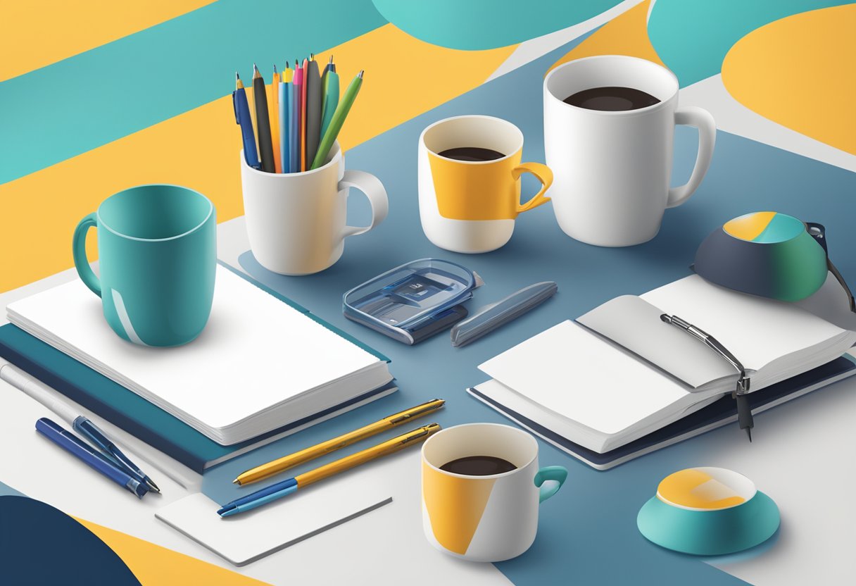 A table with branded pens, mugs, and notebooks. A logo prominently displayed on each item
