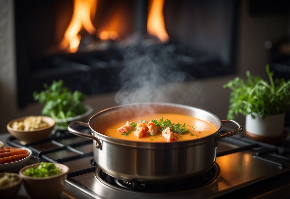 A pot simmering on a stove, filled with creamy lobster bisque. Steam rising, with a garnish of fresh herbs on top