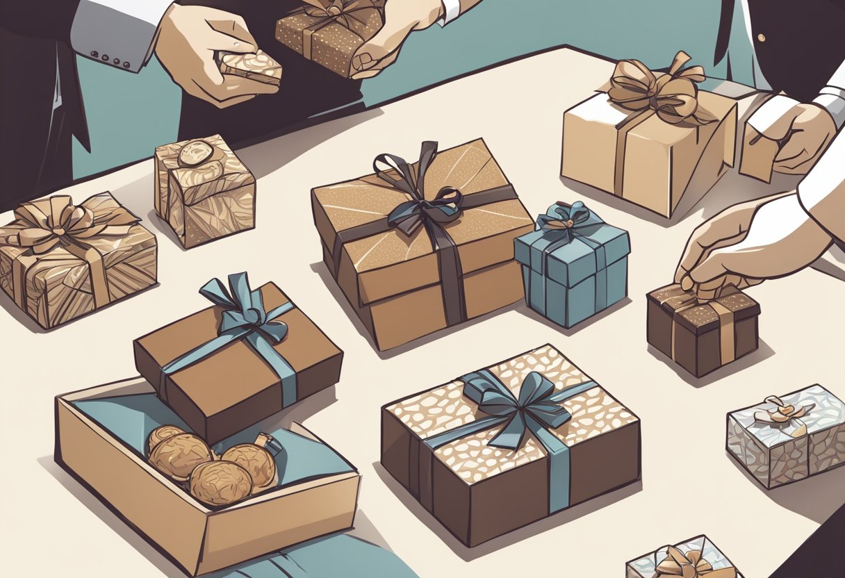 A table adorned with brownie corporate gifts, neatly packaged and ready for presentation. A hand reaches out to accept a gift box, while others eagerly await their turn