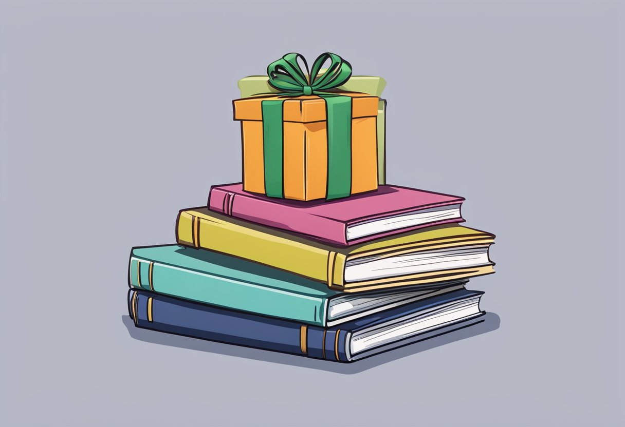 A stack of books arranged neatly on a desk, with a ribbon tied around them and a gift tag attached, ready to be given as a corporate gift