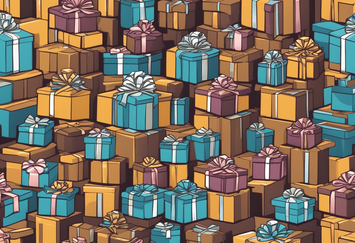 A stack of brownie gift boxes with "Frequently Asked Questions" printed on them, surrounded by corporate logos and ribbons