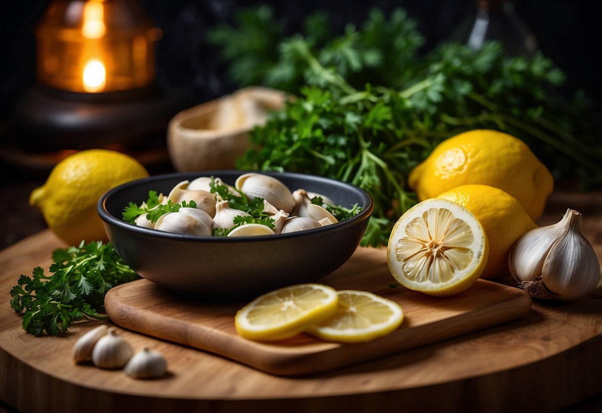 A cutting board with fresh garlic, parsley, and lemons. A bowl of frozen clams next to a pot of boiling water